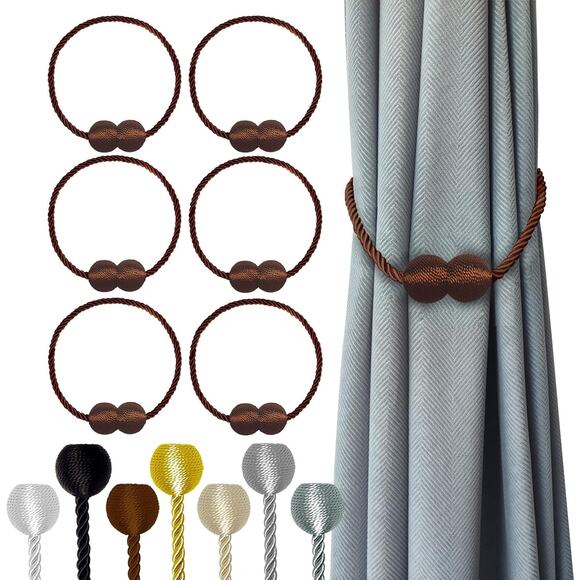 Magnetic Brown or Silver Spherical Braided Rope Curtain Tiebacks - Picture 1 of 11